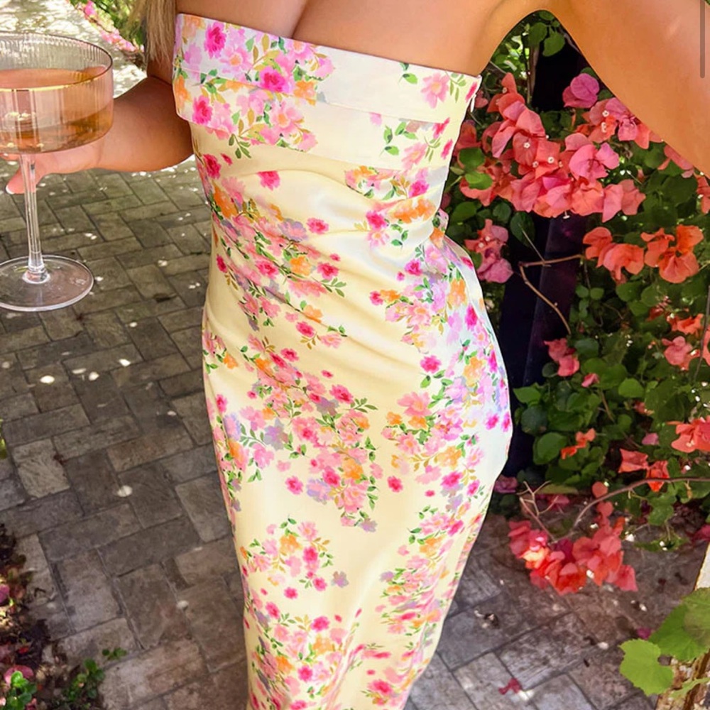 Yellow floral strapless maxi dress